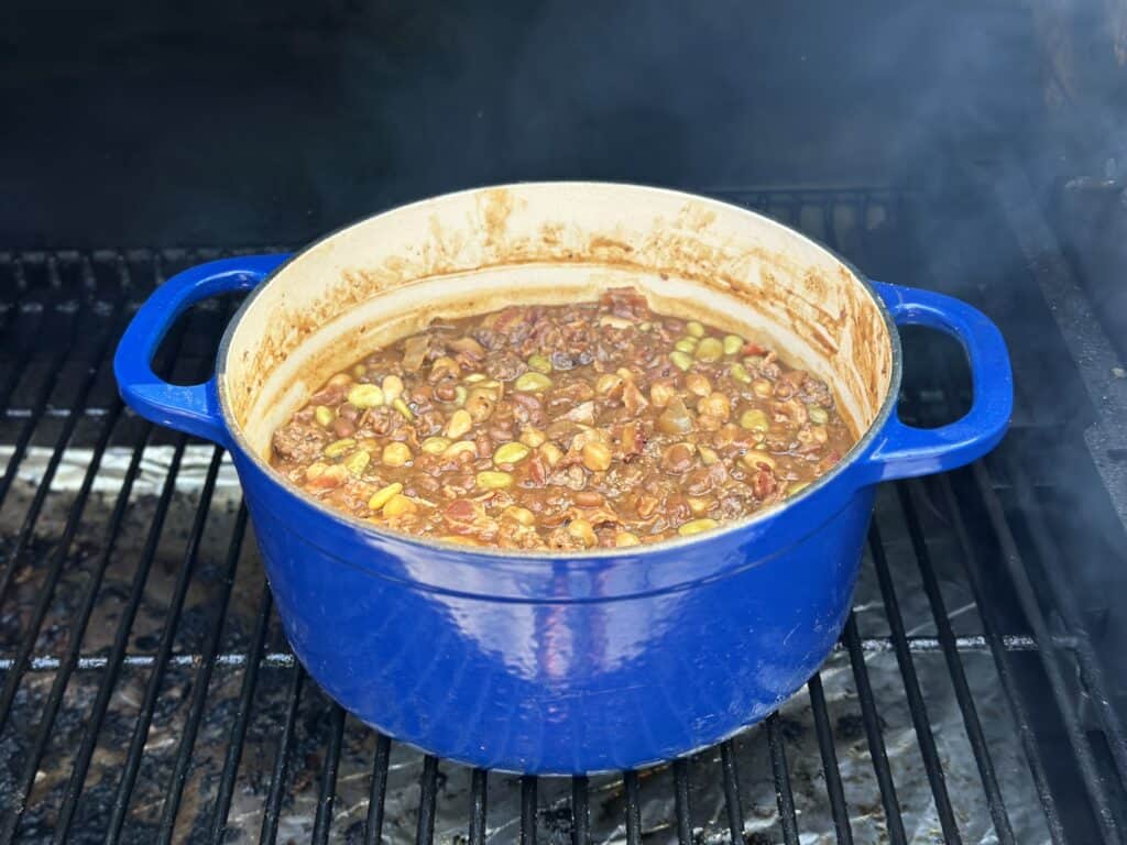 calico baked beans with bacon and beef on the smoker