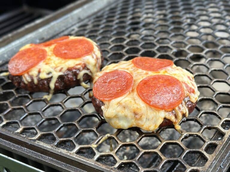 Grilled pizza burger being cooked