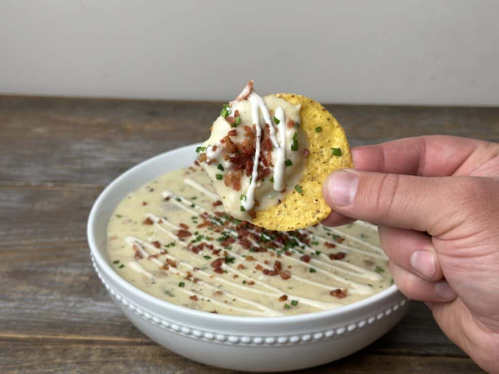 chicken bacon ranch queso on a chip