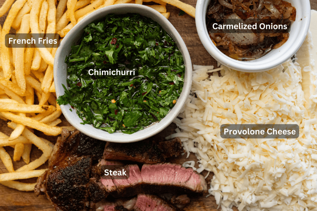 Steak frites with chimichurri ingredients 