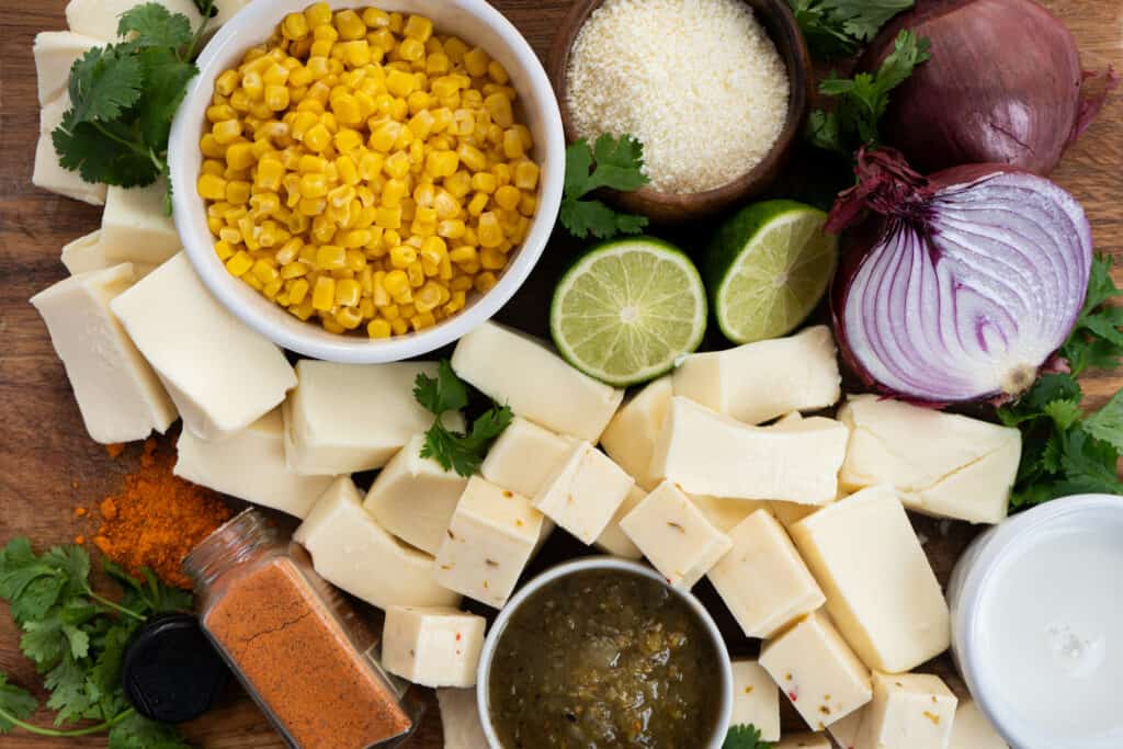 Ingredients for smoked street corn queso dip