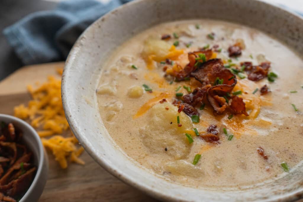 Loaded baked potato soup in a bowl.