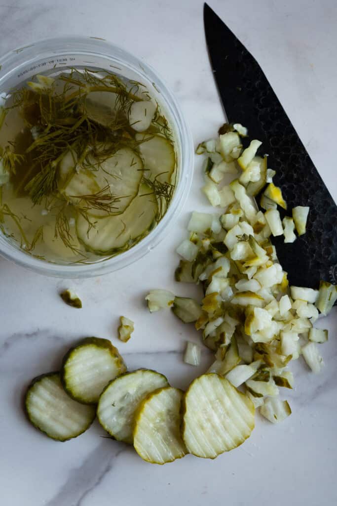 Diced pickles for dip.