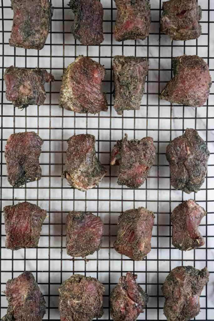 Seasoned chuck roast burnt ends.