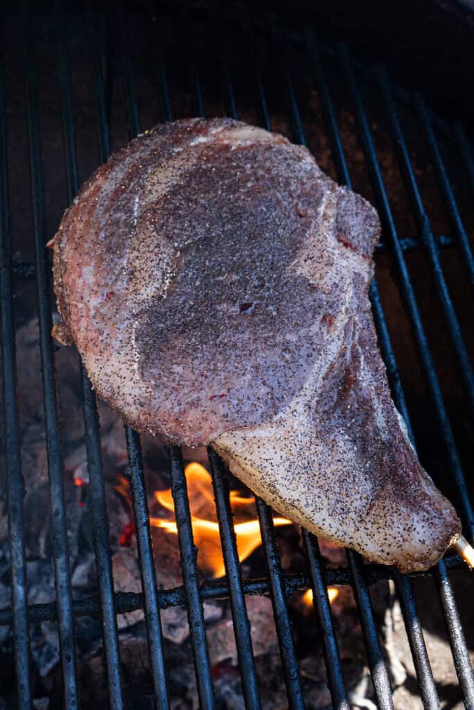 Ribeye steak seared on a grill.