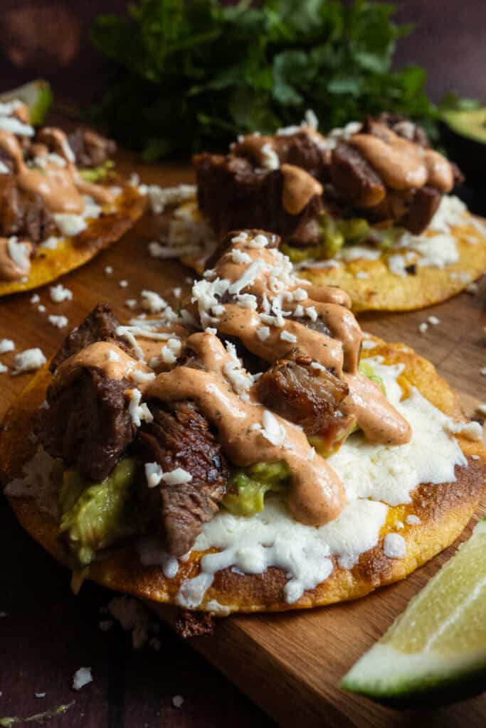 Steak tacos with guacamole.