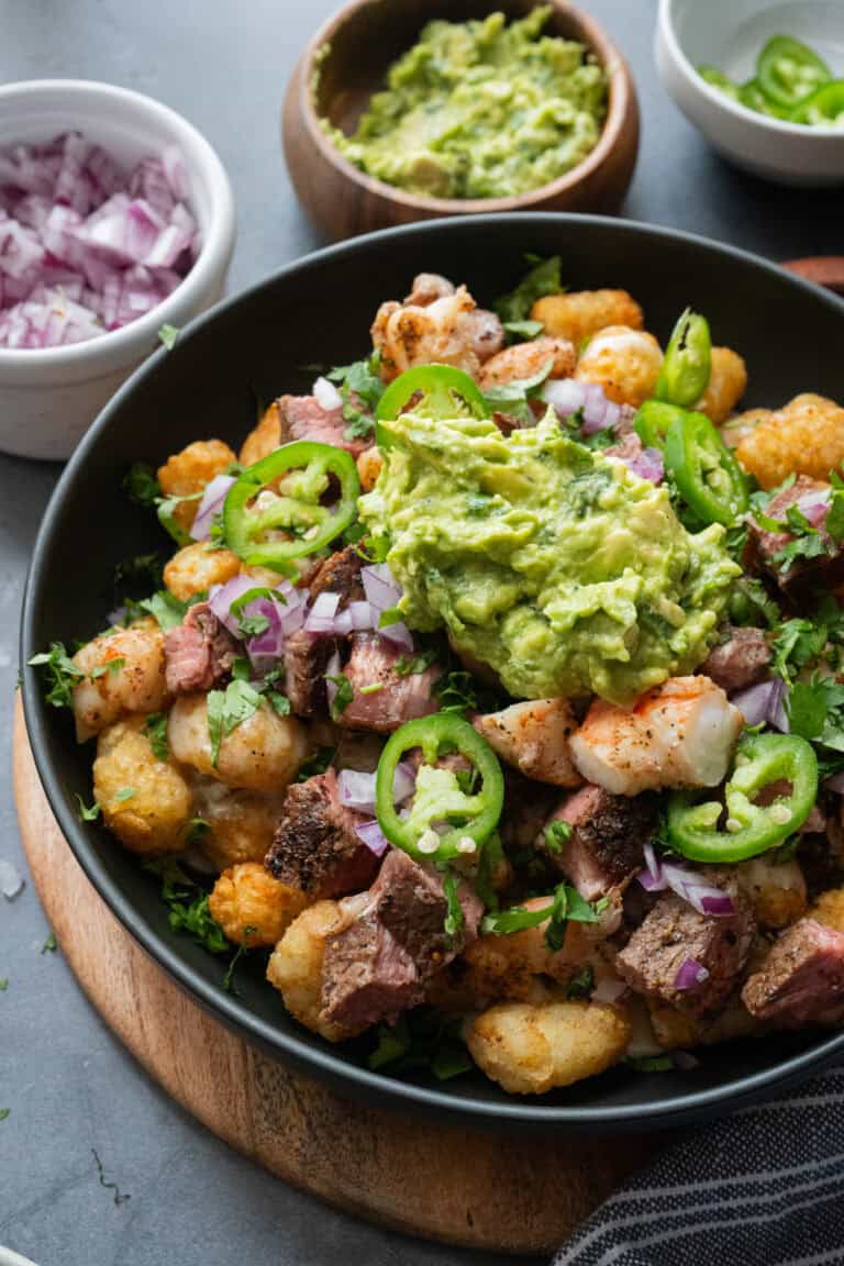 Steak and Shrimp Loaded Tots.