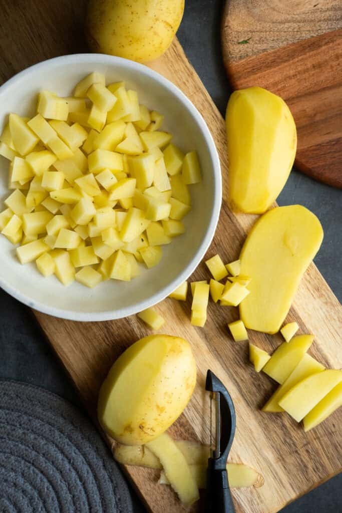 Yukon gold potatoes cut up.