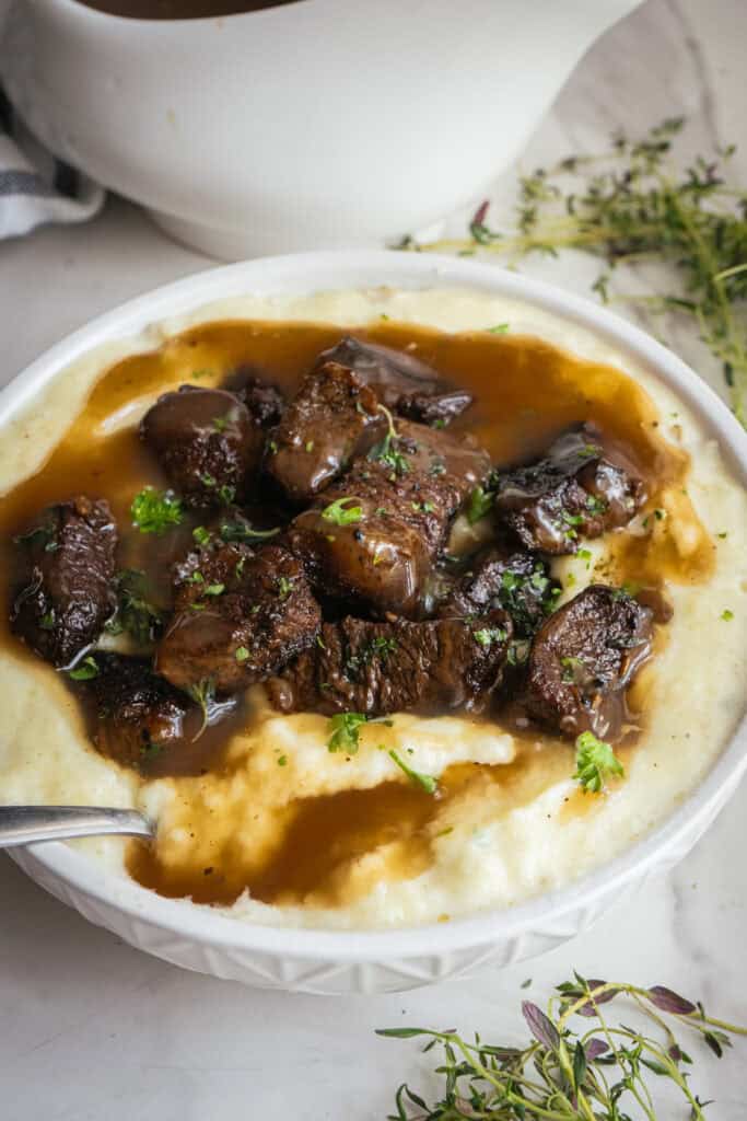 Steak bites with mashed potatoes.
