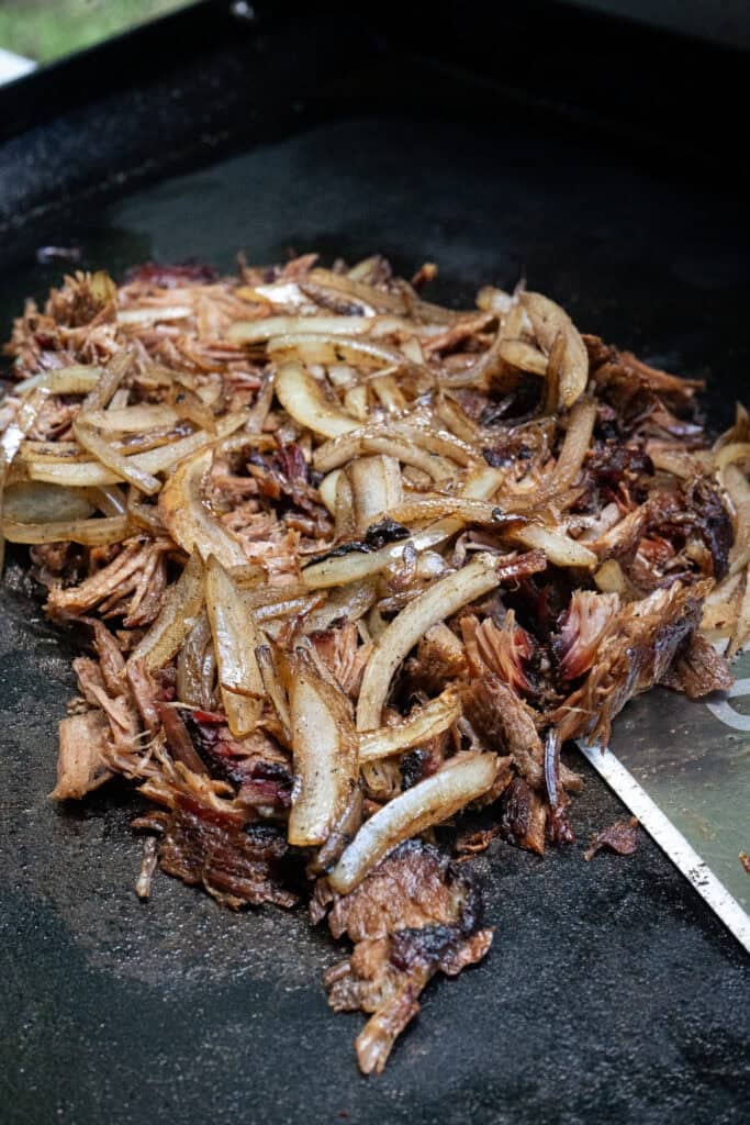 Brisket and onions for Smoked Brisket cheesesteaks.