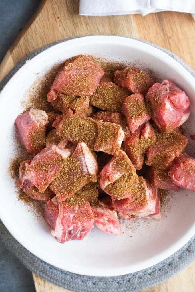 cubed steak bites in a bowl.