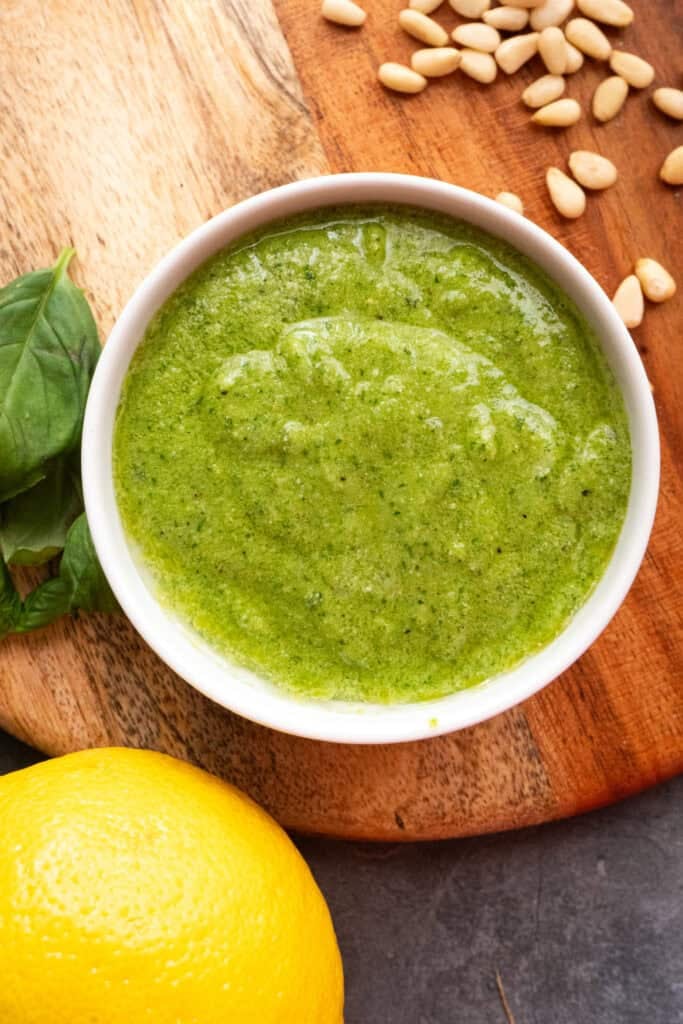 Homemade Pesto served in a bowl.