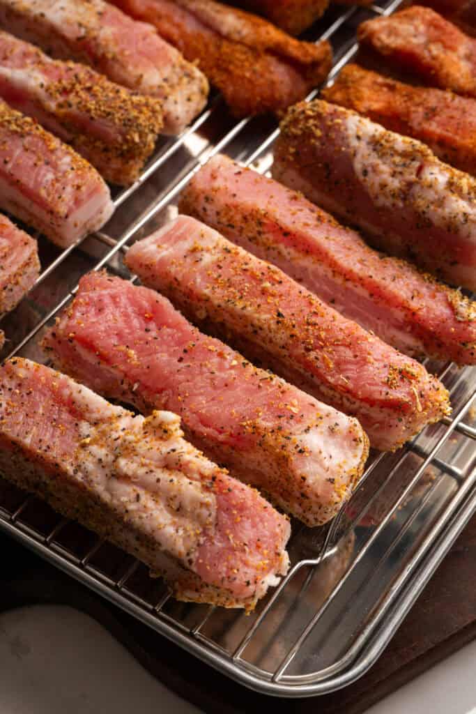 Pork belly seasoned with SPG and lemon pepper.