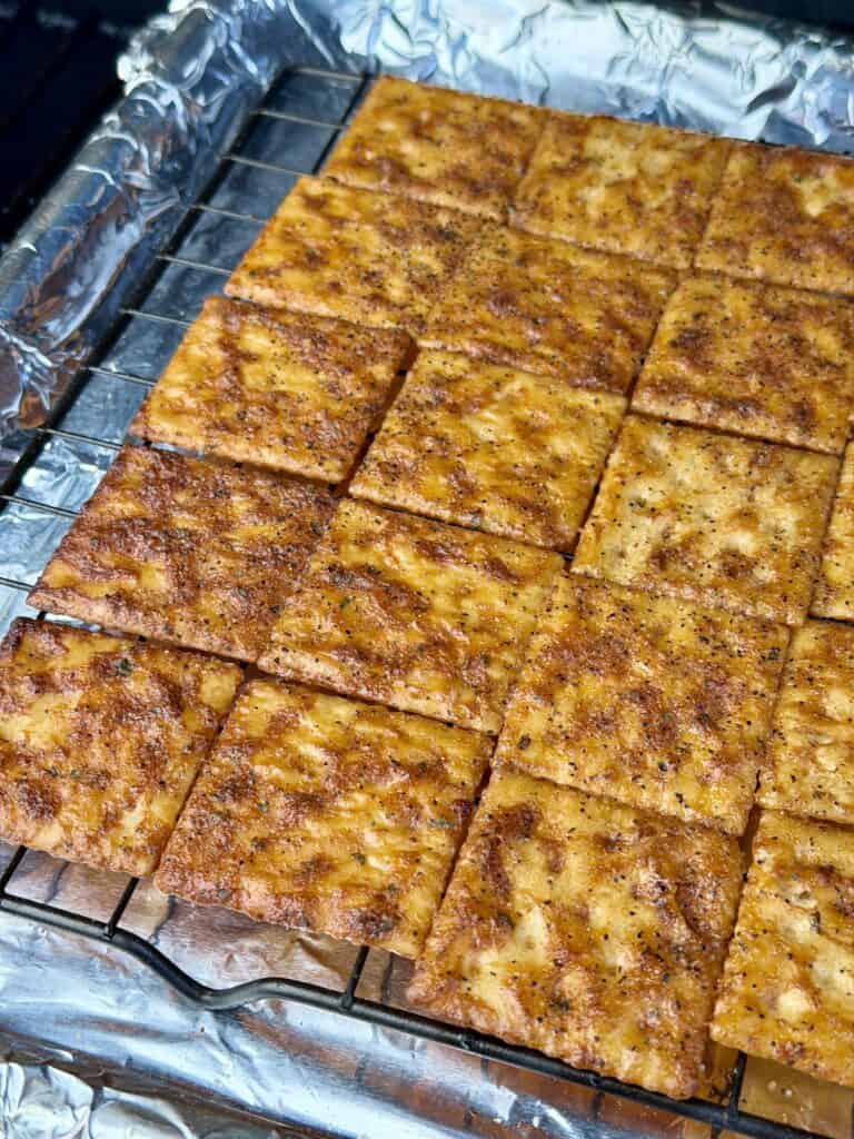Smoked BBQ Saltine Crackers on the smoker. 