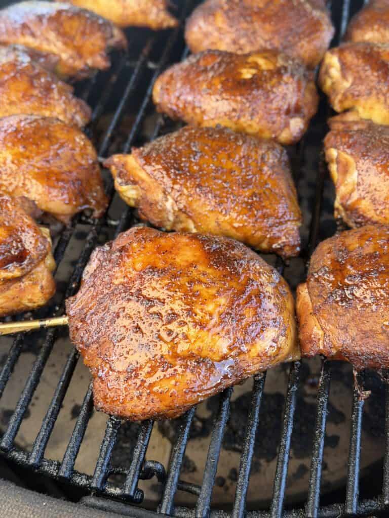 Smoked chicken thighs glazed with hot honey.