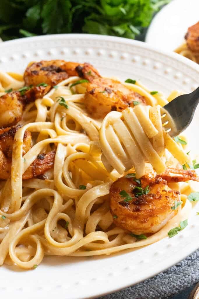 Cajun Shrimp Alfredo Served.