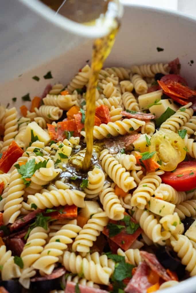 Dressing added to Italian Pasta Salad.