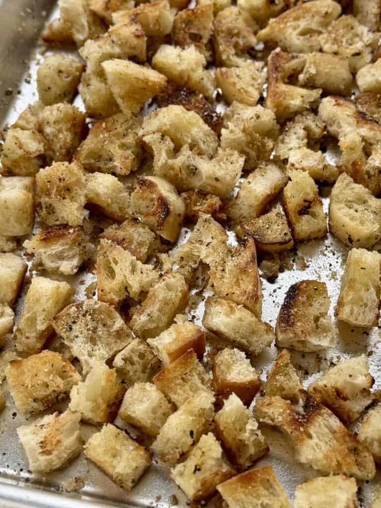 Homemade croutons for Grilled Steak Caesar Salad Wrap.