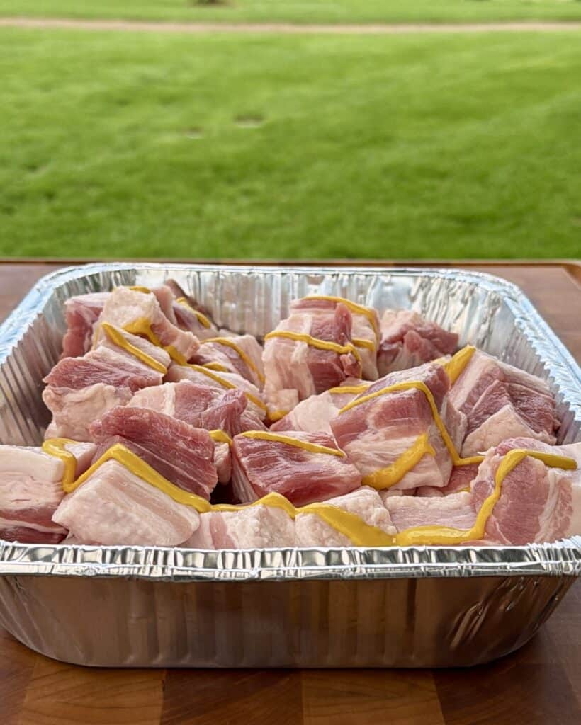 Yellow Mustard on Pork Belly cubes