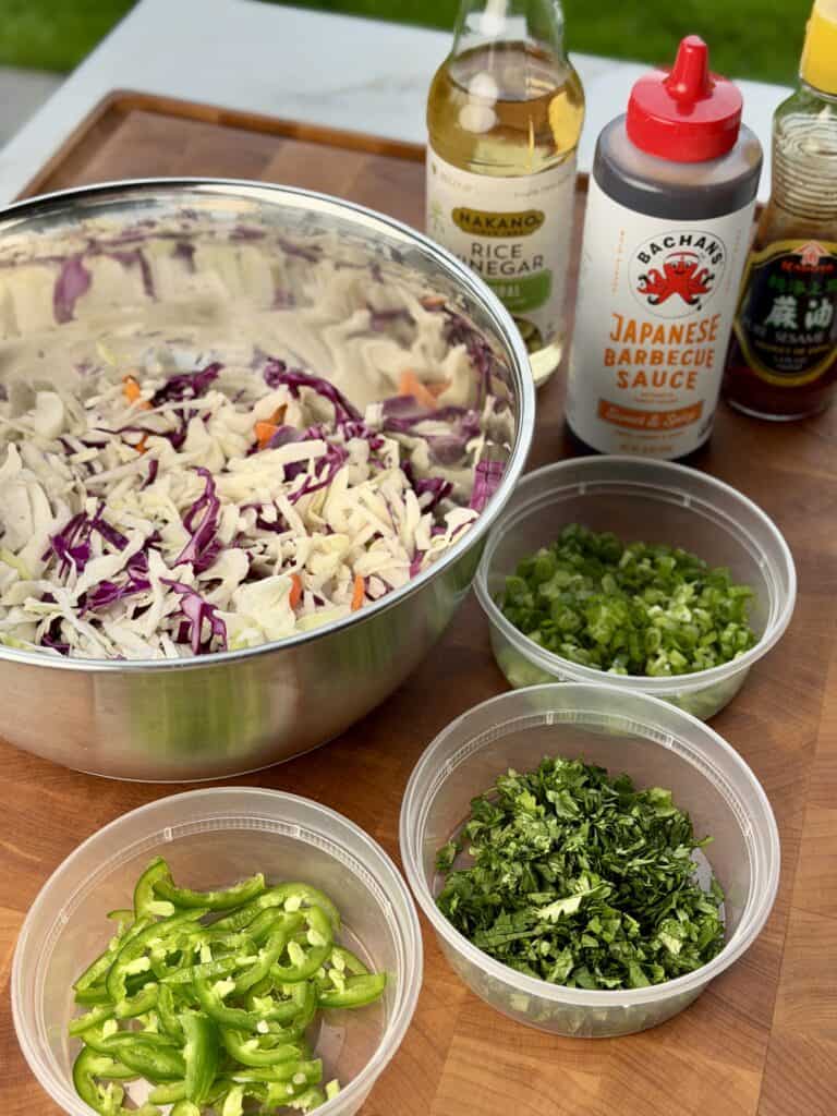 Ingredients for Coleslaw in bowls.