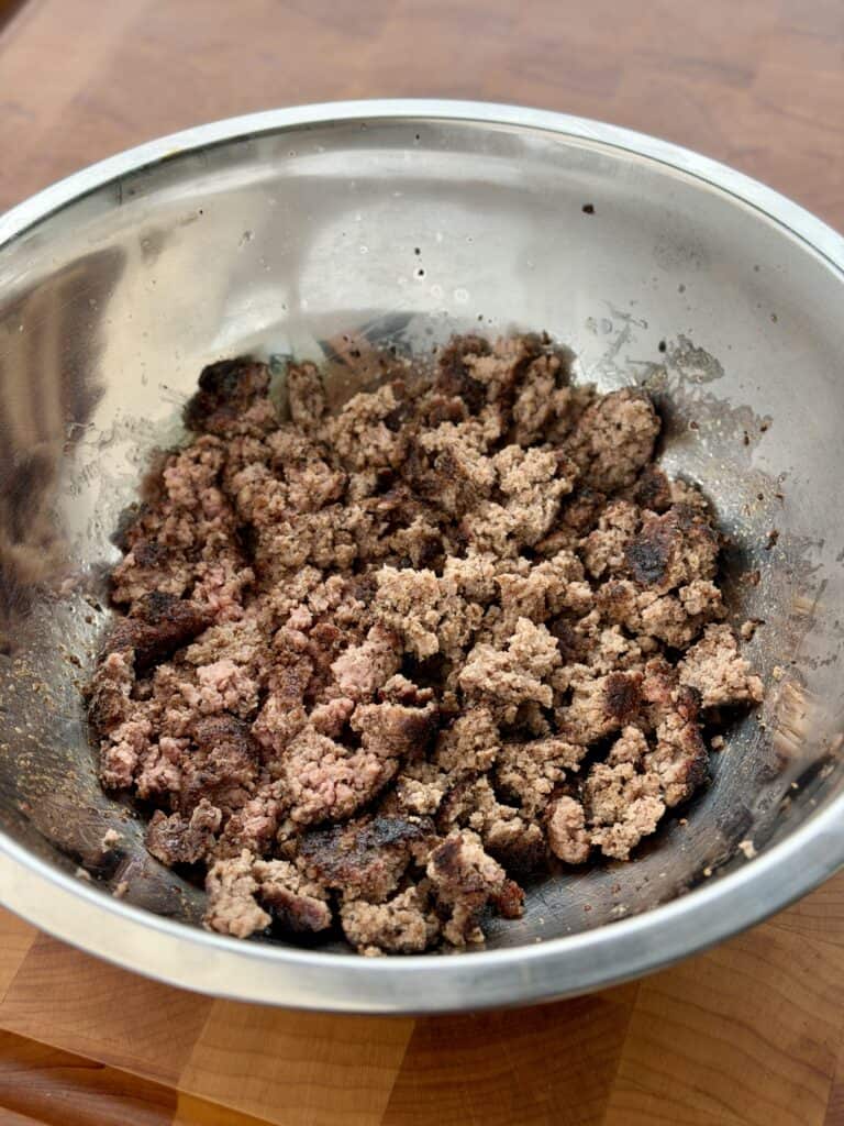 Chopped Cooked Burger in Bowl.