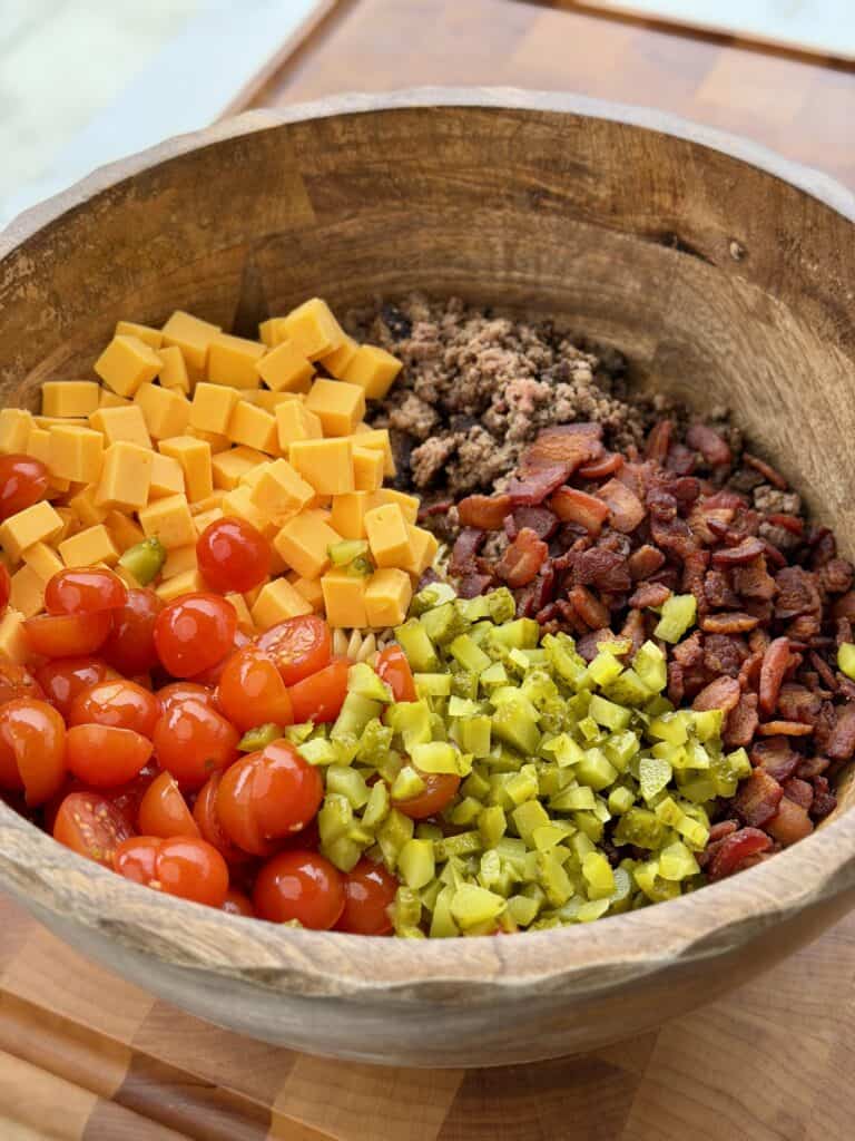 Bacon Cheeseburger Pasta Salad Ingredients in Bowl.