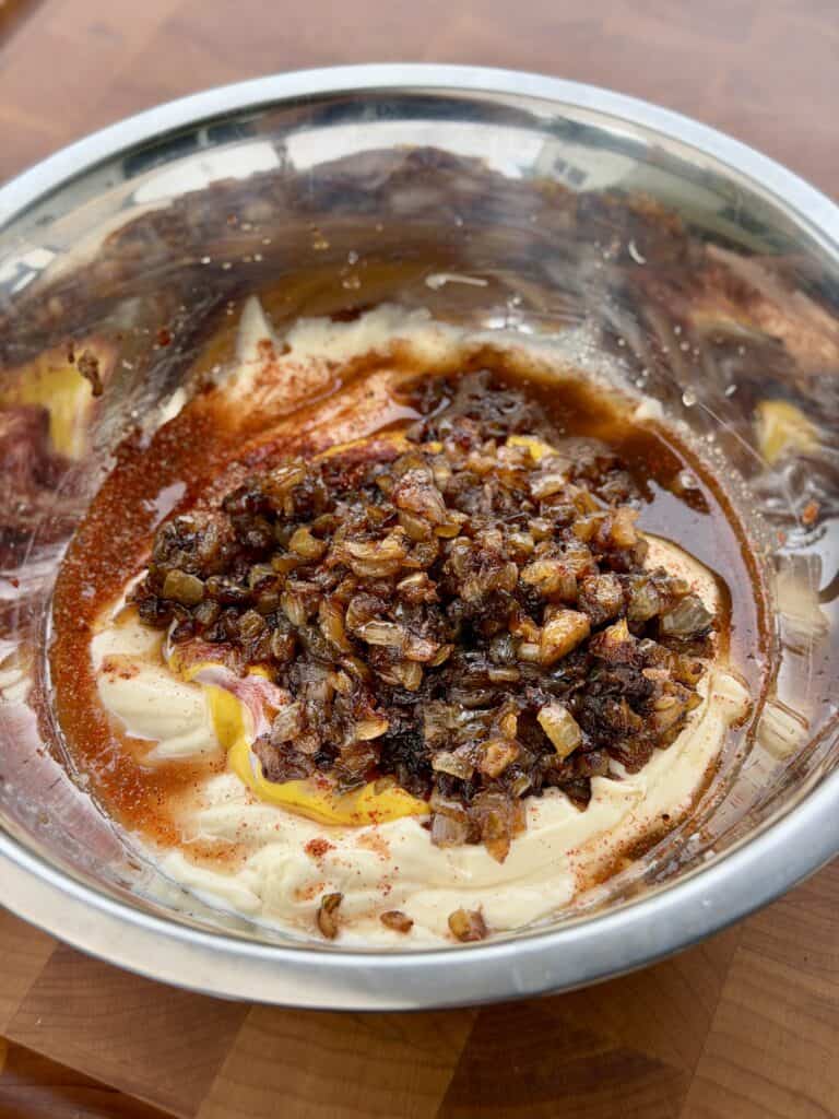 Bacon Cheeseburger Pasta Salad ingredients in bowl.