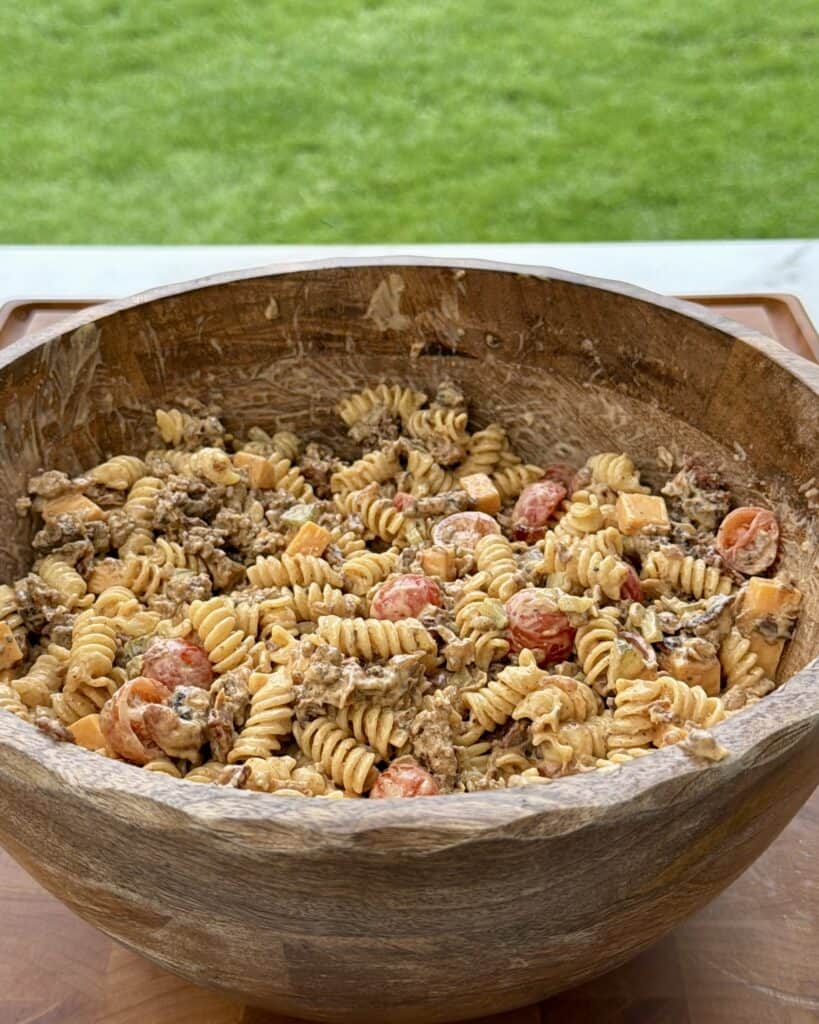 Mixed Bacon Cheeseburger Pasta Salad in Bowl.
