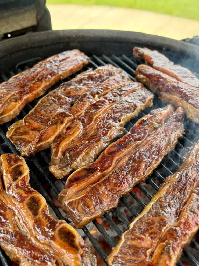Flanken Beef Short Ribs on grill.