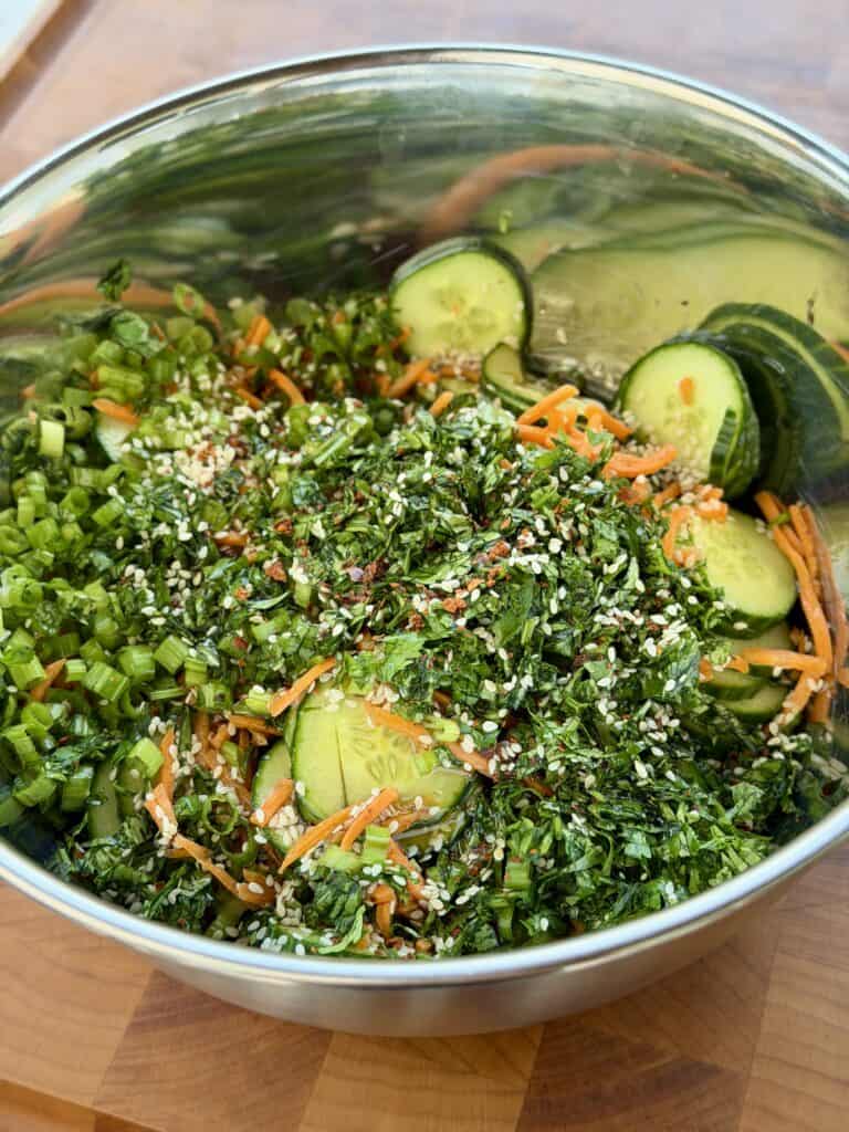 Cucumber Salad Ingredients in bowl.