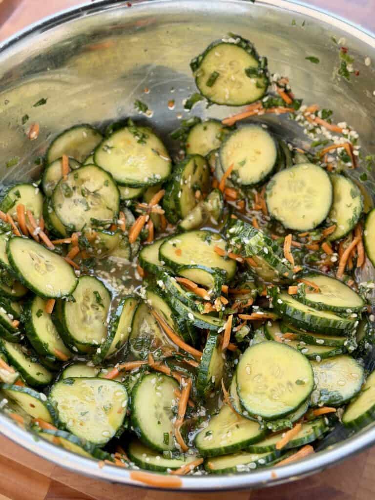 Cucumber Salad in Metal bowl.
