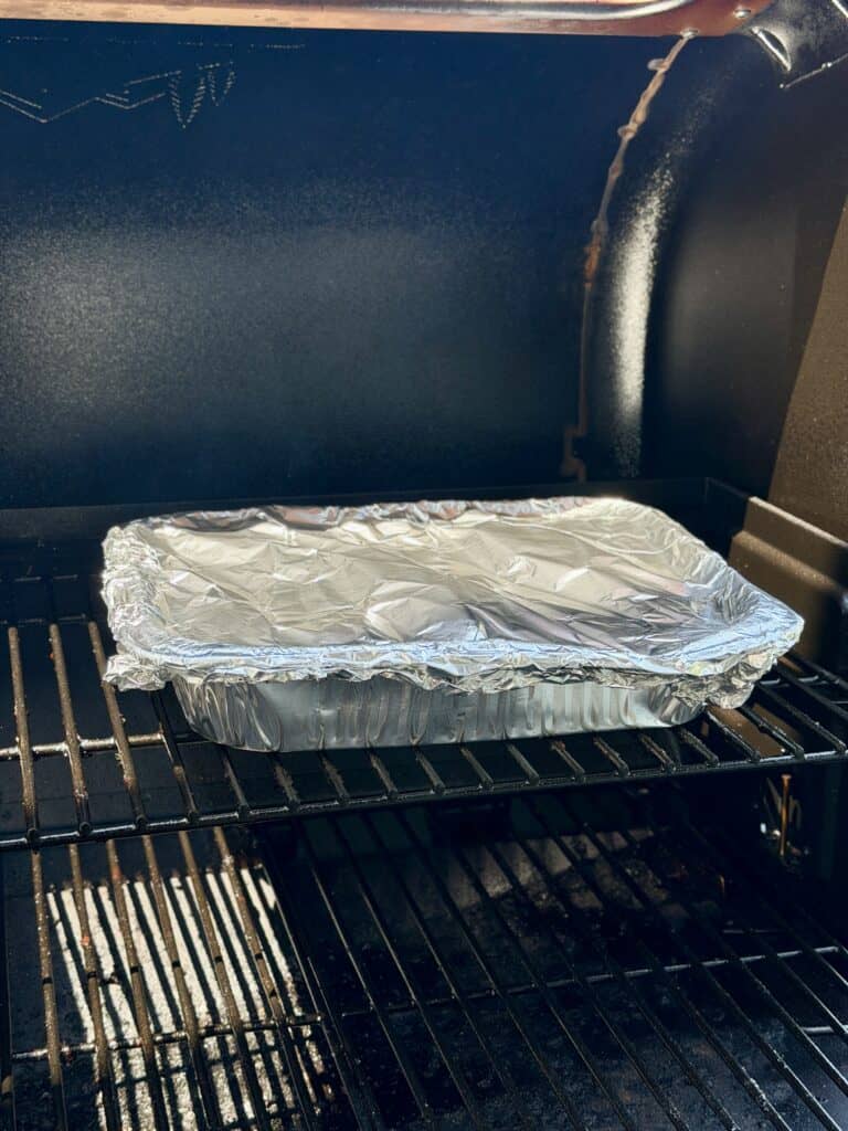 Hot Dog Burnt Ends Pan Covered in Foil.