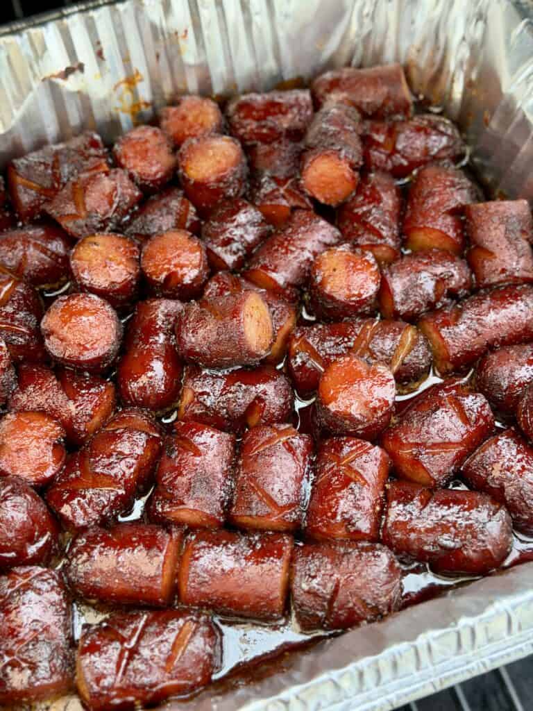 Hot Dog Burnt Ends in Pan on Smoker.