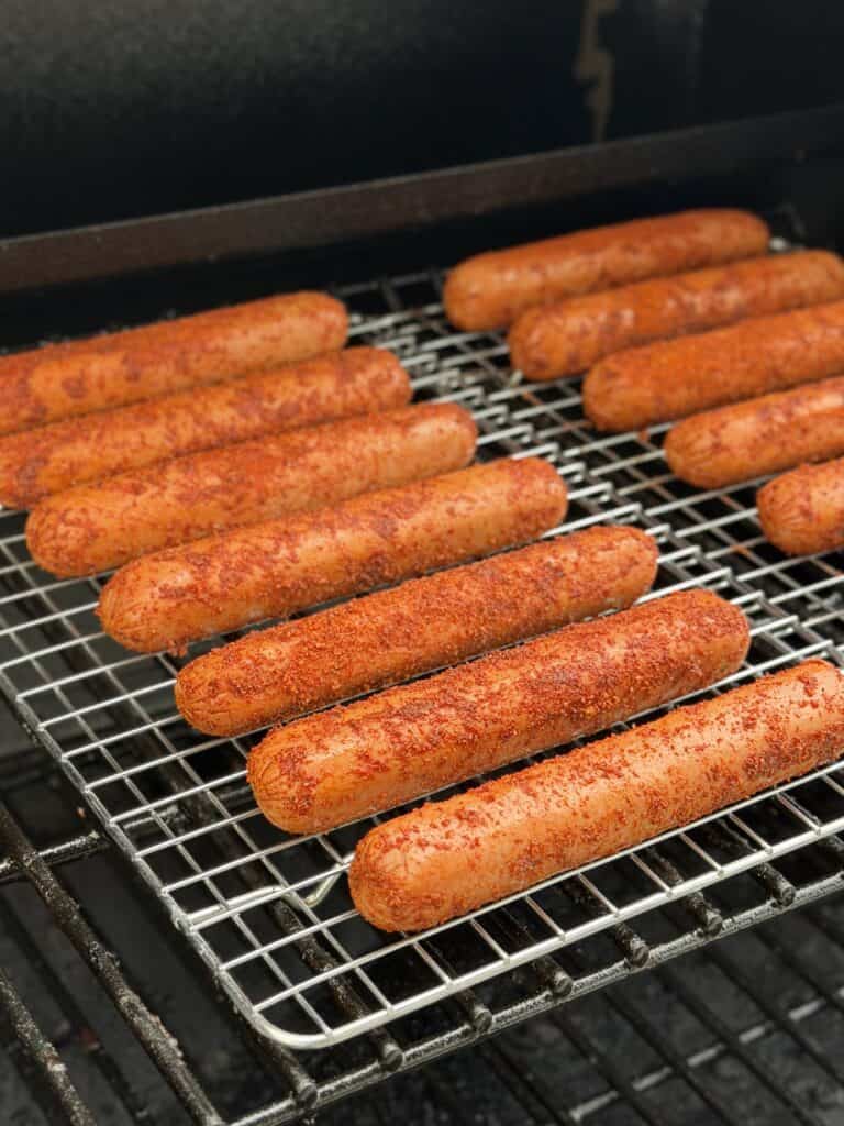Hot Dogs in Smoker on Rack.