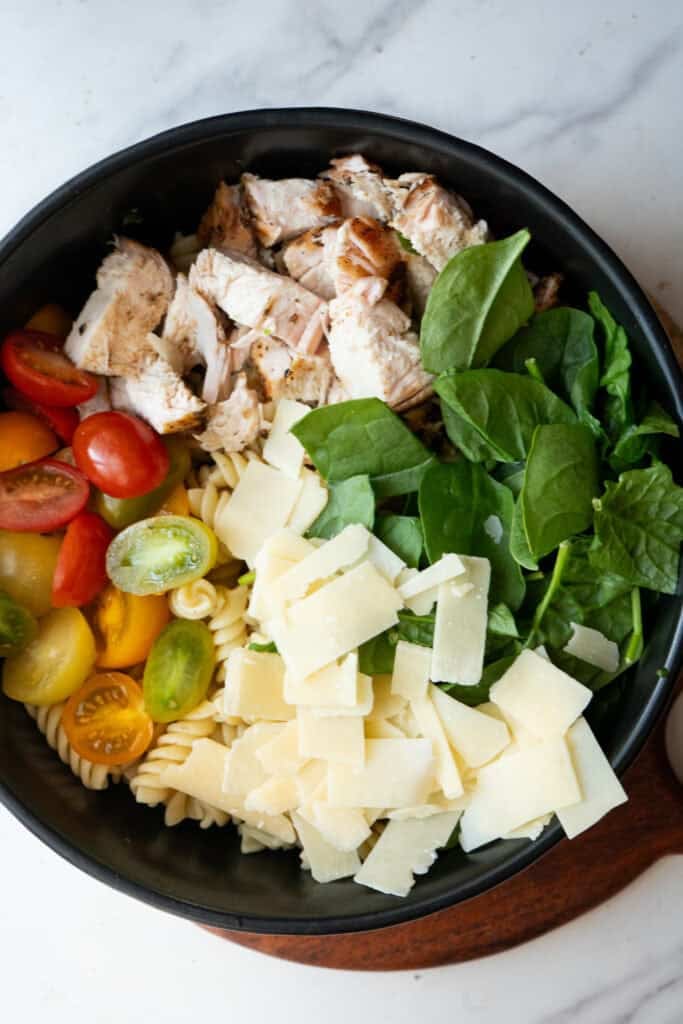 Bowl with Chicken Pasta Salad Ingredients.