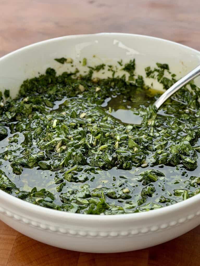 Chimichurri in White bowl.