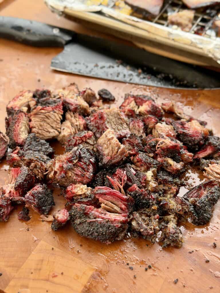 Chopped smoked beef short rib meat prepared for tacos.