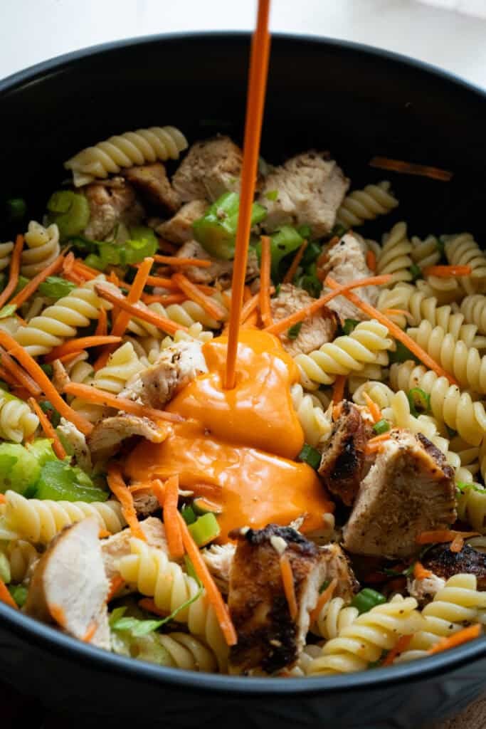 Buffalo Ranch Dressing over Pasta Salad.