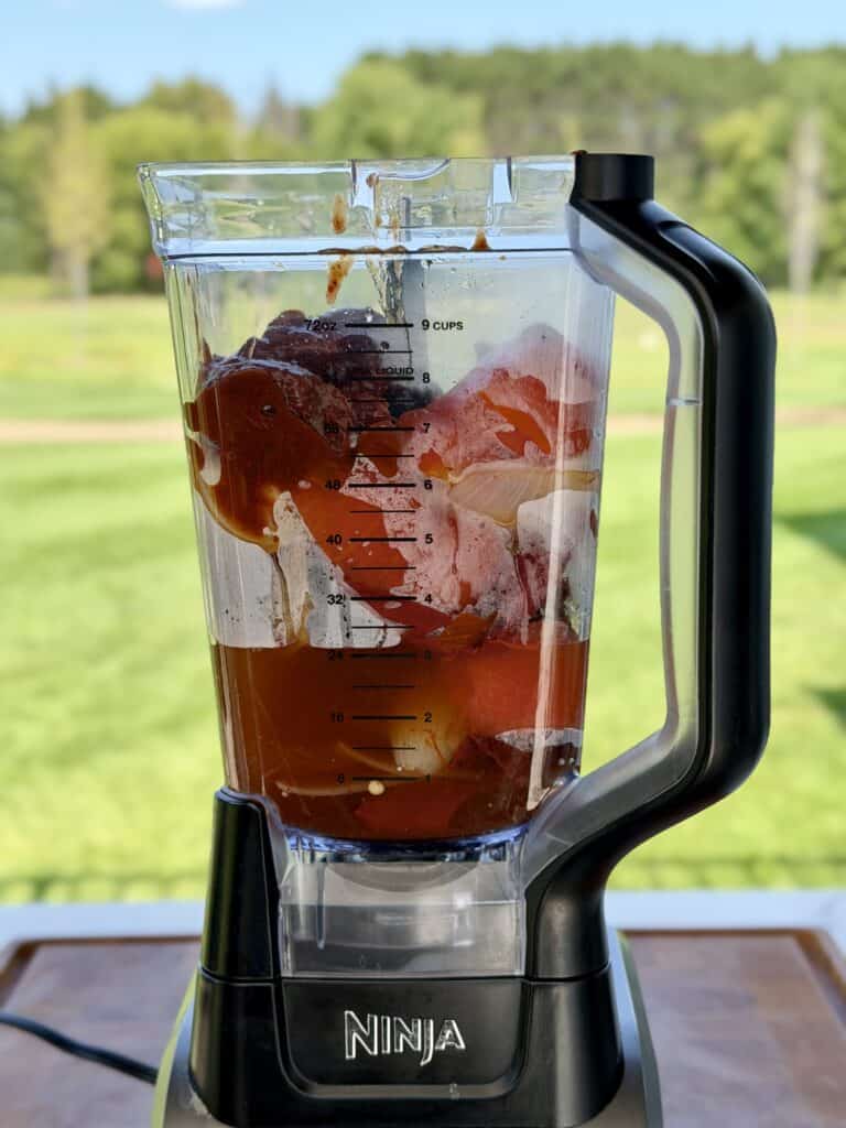 Blender with Birria Quesadilla in it.