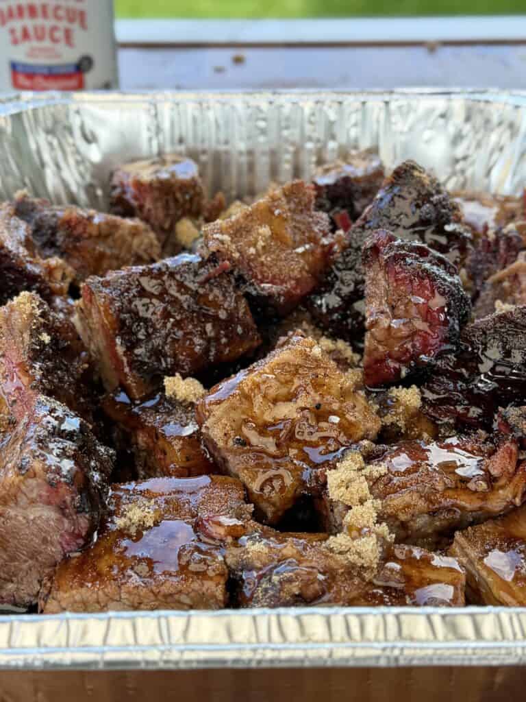 Brisket Burnt Ends
meat in aluminum pan.