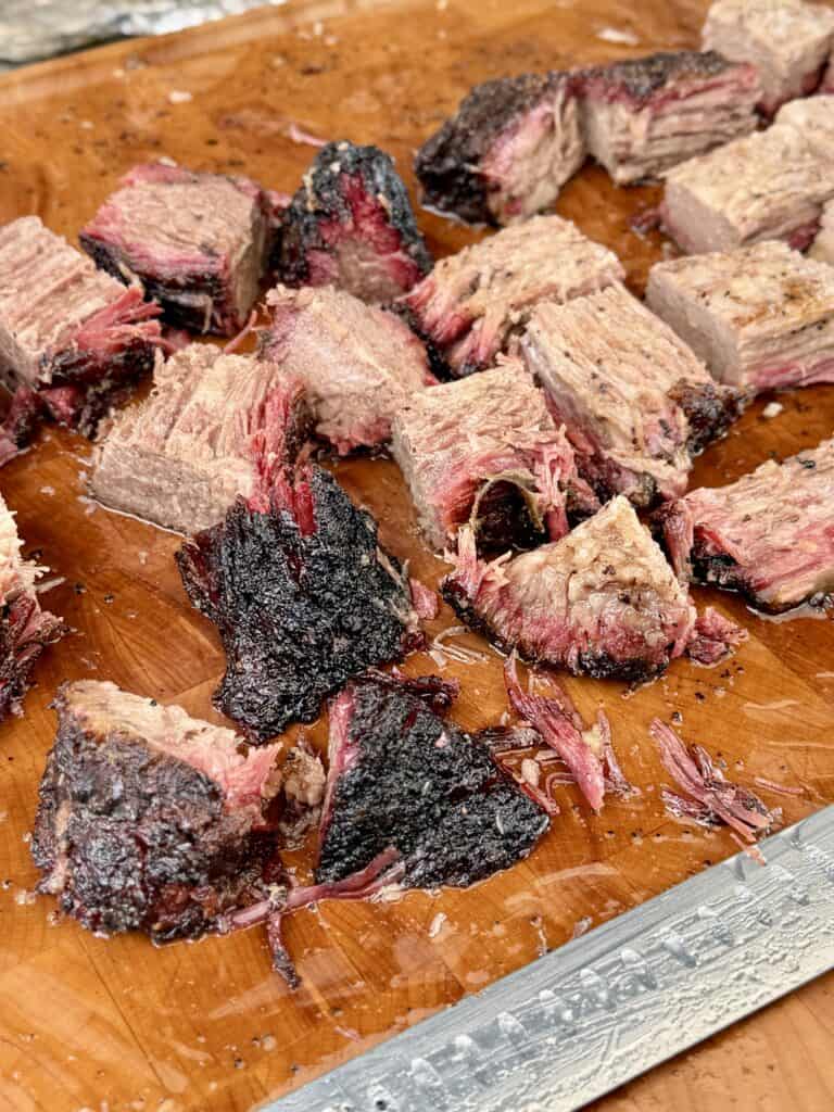 Brisket Burnt Ends
cut on cutting board.