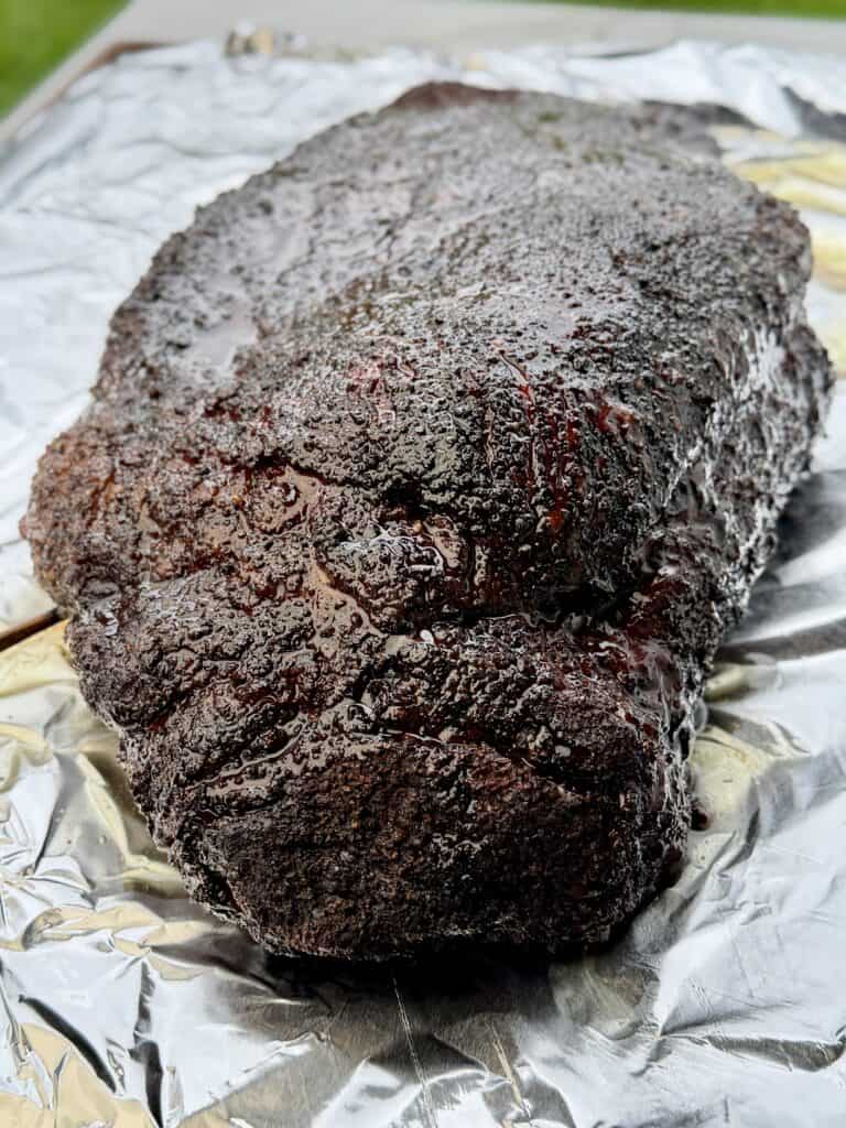 Brisket meat on foil.
