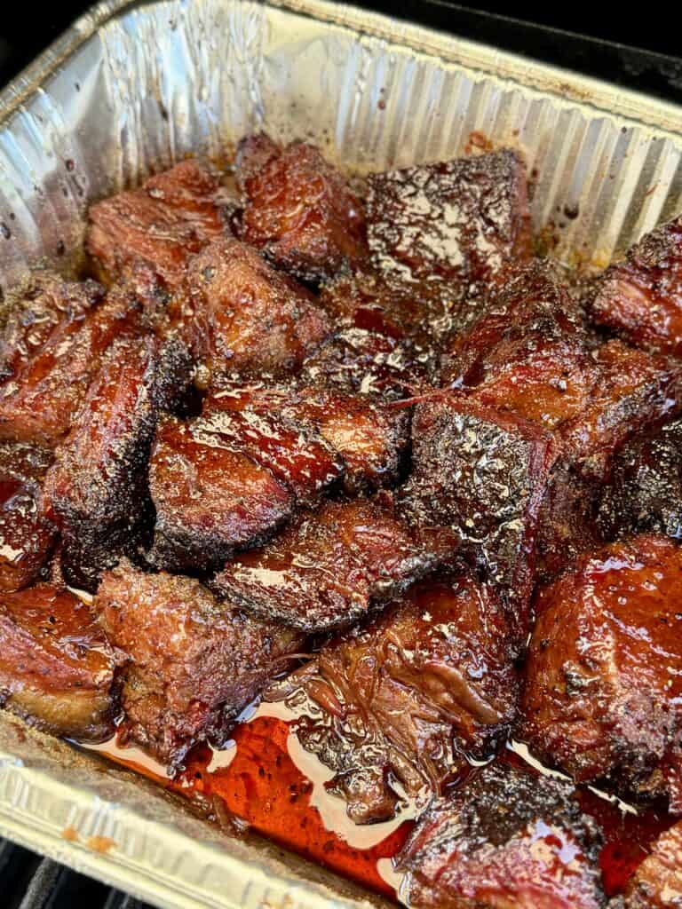 Cooked Brisket Burnt Ends
in foil pan.