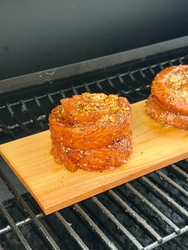 Salmon Pinwheels on smoker.