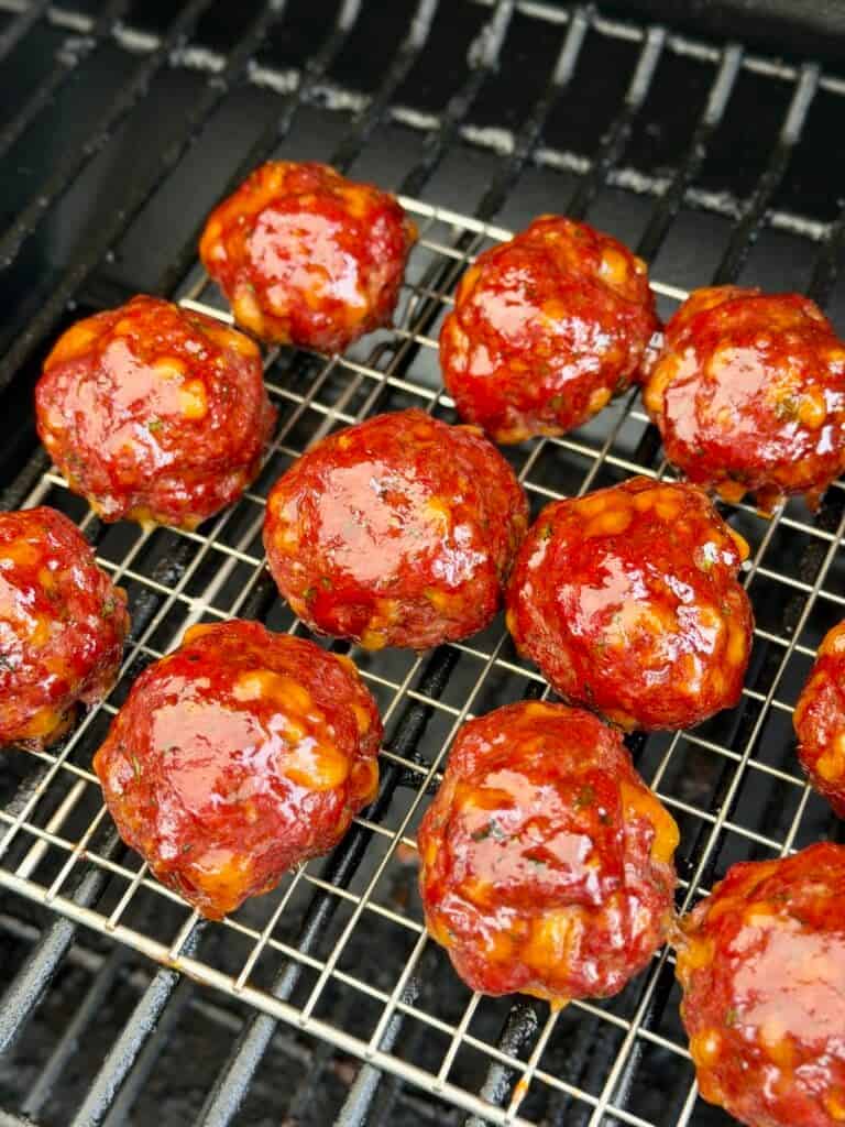 BBQ Meatballs on wire rack.