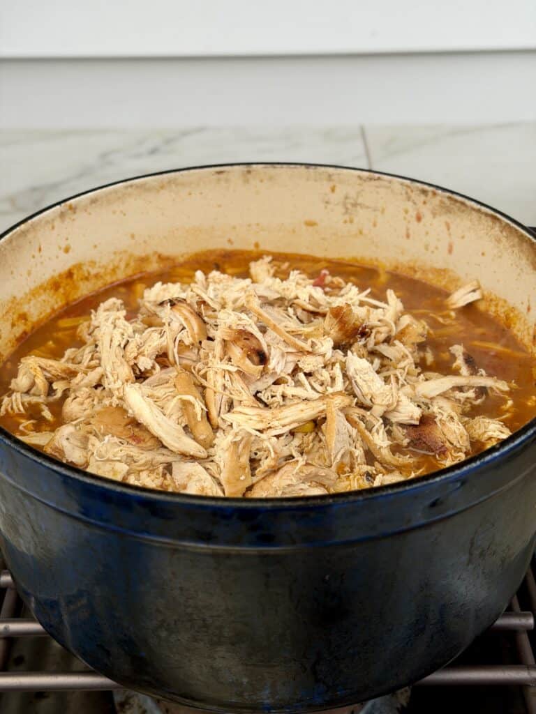 Chicken in soup in Dutch oven.