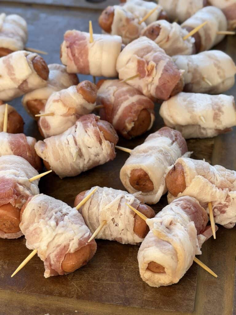Lil Smokies wrapped with bacon.