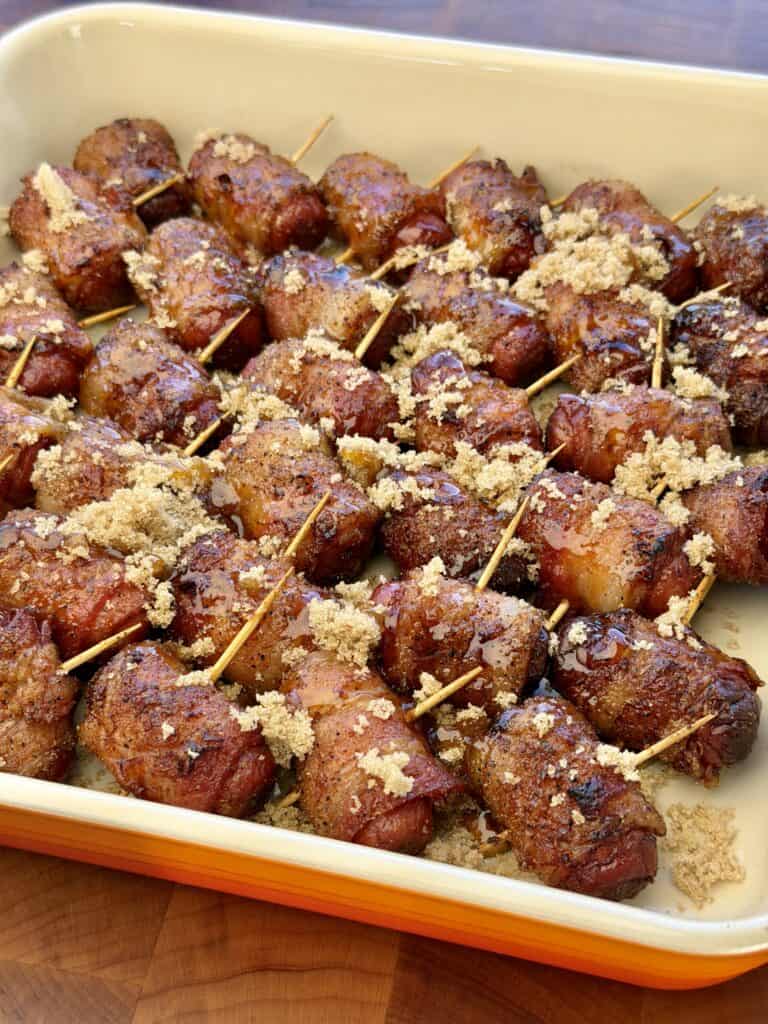 Smokies in baking dish.