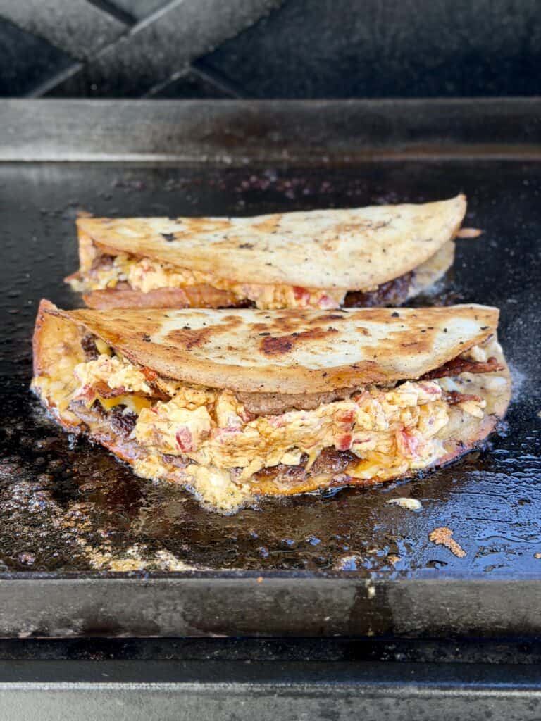 Pimento Cheeseburger Quesadillas
on griddle.