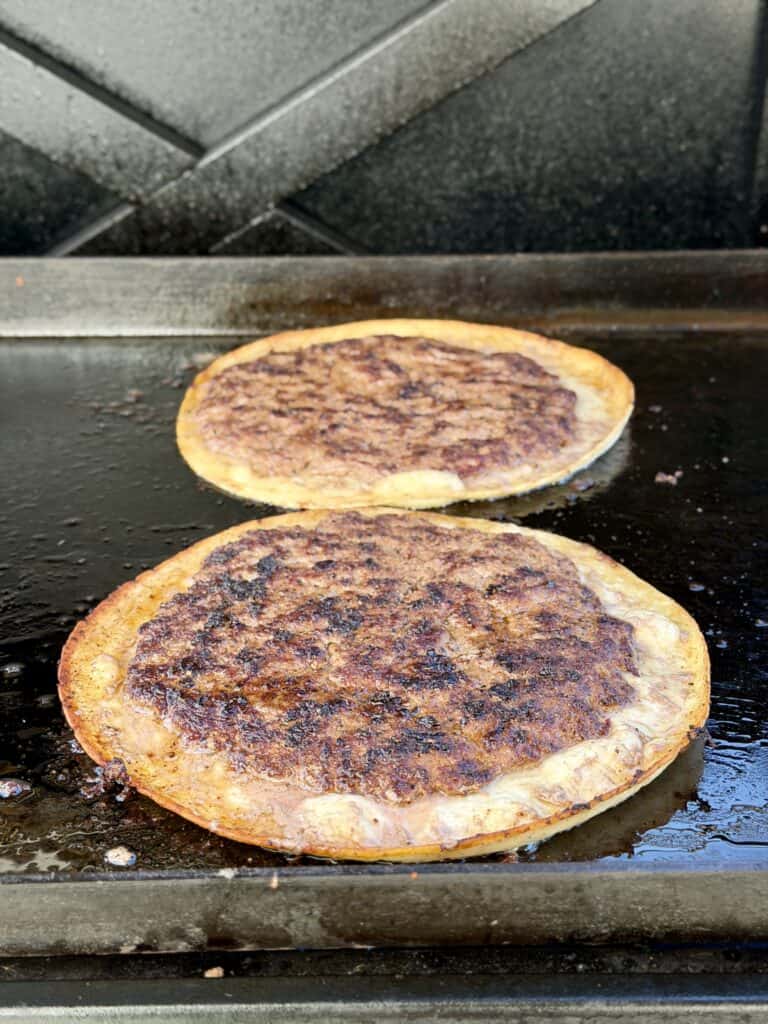 Pimento Cheeseburger Quesadillas on griddle.